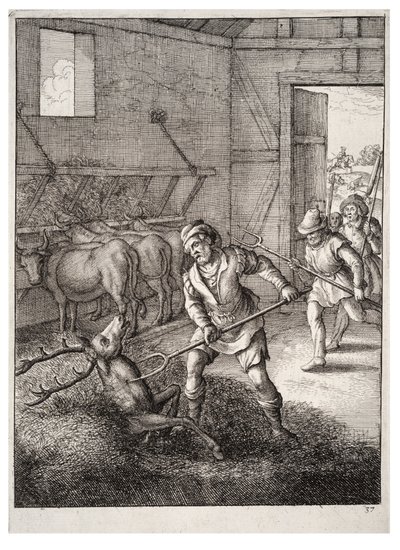 The Stag in the Cowshed by Wenceslaus Hollar